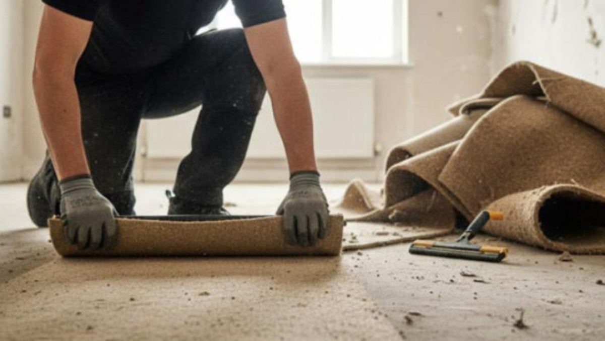 Man installing carpet in a room under renovation
