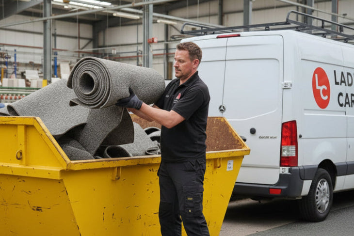 Person unloading carpet rolls from a yellow skip bin in a warehouse with a van in the background.