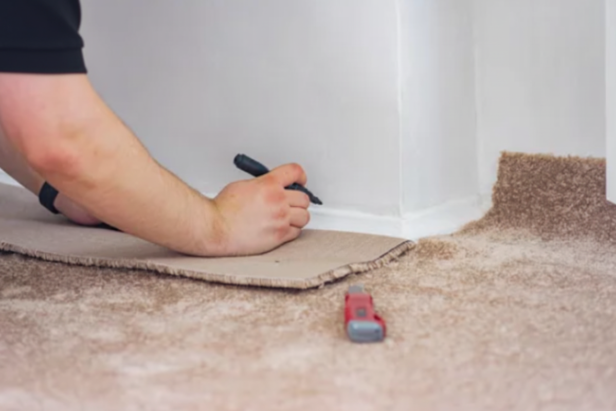 Person installing carpet with a tool on a white floor.